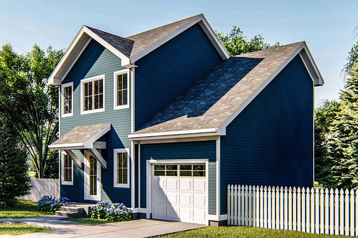 Two-story house plan exterior with blue siding, a peaked roof, front entrance awning, and a single-car garage.