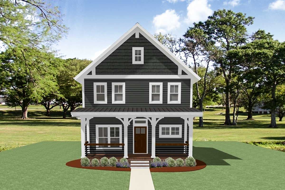 House plan exterior. Two-story Craftsman home with a front porch, gabled roof, and dormer. Dark siding with white trim and a brown front door.