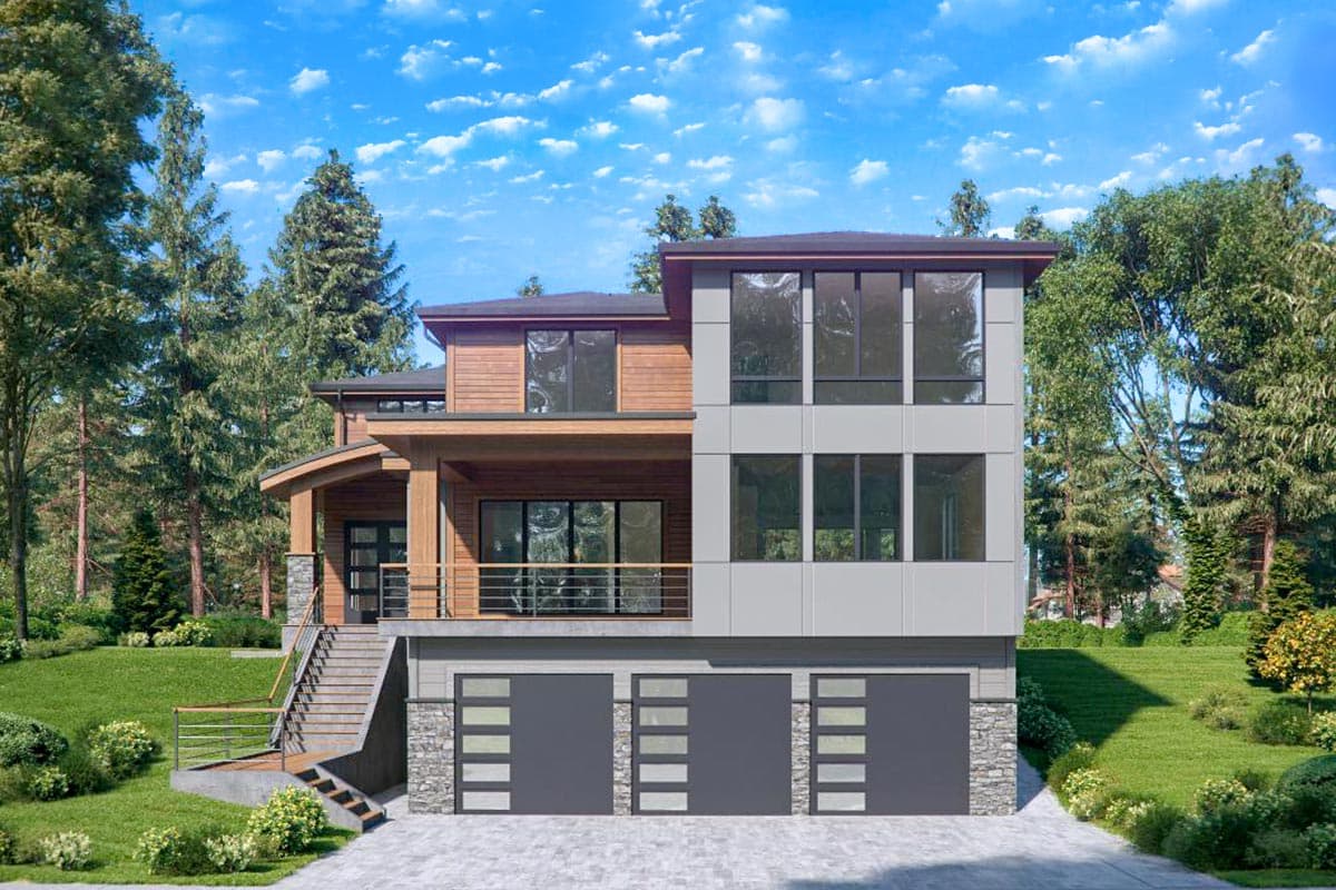 House plan exterior: Modern three-story residence with wood siding, large windows, covered balcony, and three-car garage.
