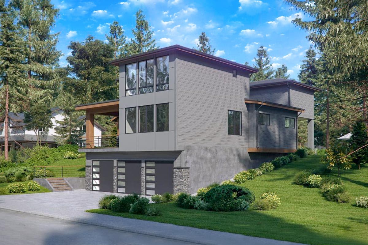 Modern house plan exterior with multiple stories, large windows, cantilevered decks, and a three-car garage.