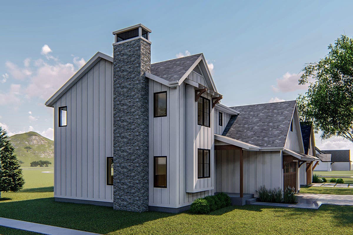 Modern farmhouse house plan exterior with vertical siding, stone chimney, gable rooflines, and covered porch.