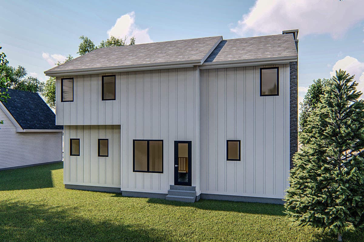 Two-story house plan exterior with vertical siding, dark-framed windows, and a rear entrance with steps.