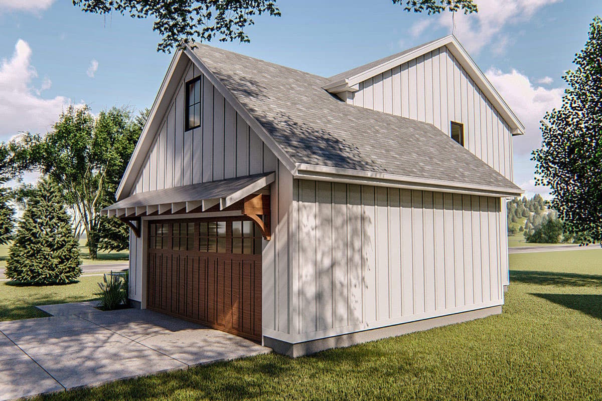 Modern Farmhouse style house plan exterior with vertical siding, gable roof, and wood garage door with windows.