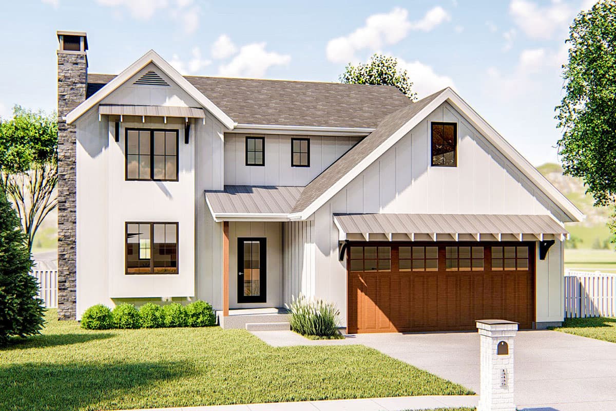 House plan exterior. Two-story Modern Farmhouse with gables, a covered entry, and a side-entry garage. Stone chimney and shed roof accents.