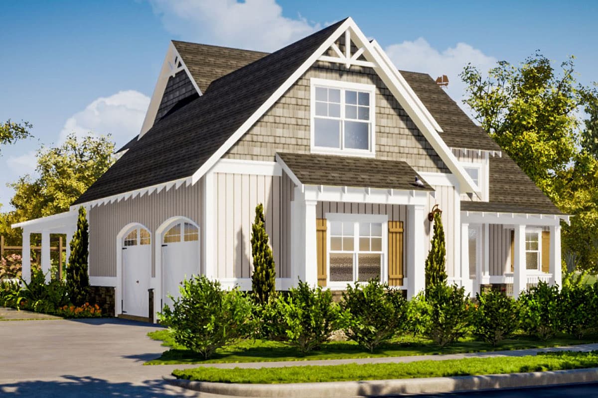 House plan exterior: Modern Farmhouse style, two stories, gable dormers, arched garage doors, and covered porch.