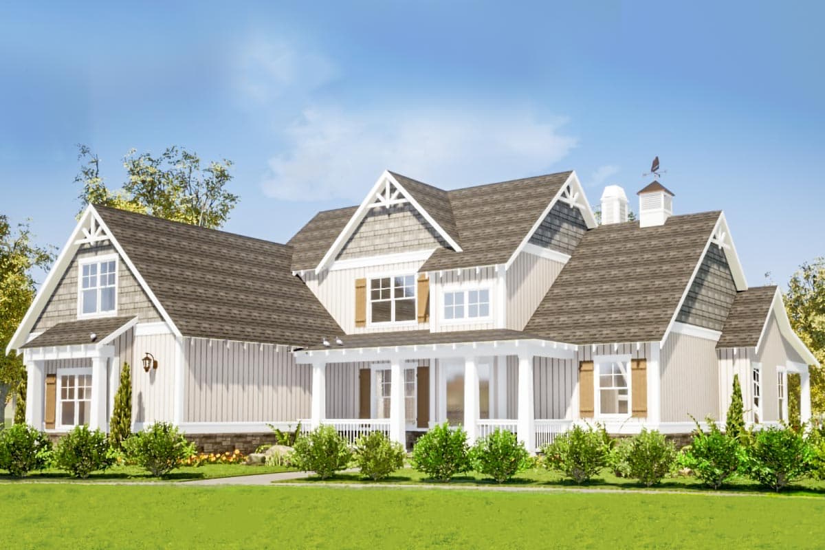 House plan exterior. Two-story Modern Farmhouse with gables, a covered porch, and a cupola. Features include board and batten siding.