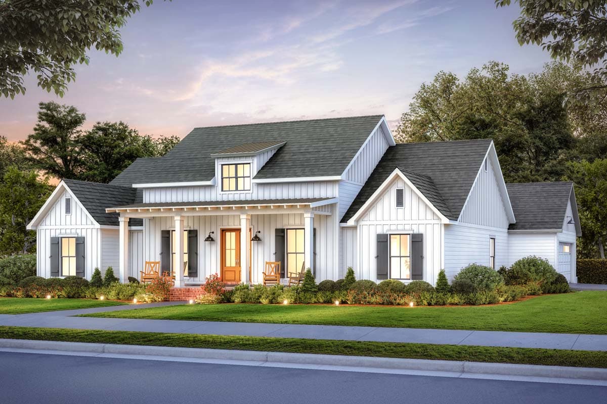 House plan exterior in a farmhouse style. Features include a front porch with columns, gables, dormer window, and contrasting shutters.