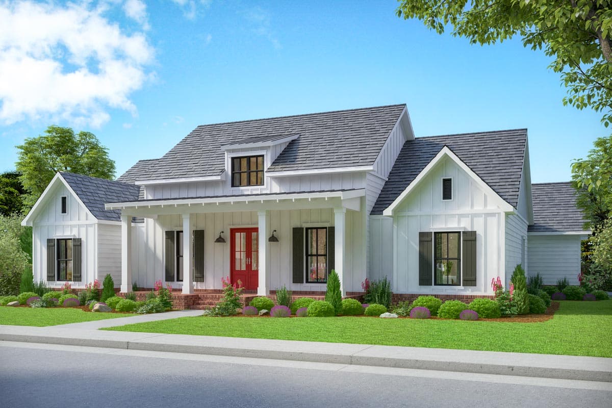 Modern Farmhouse house plan exterior with a covered porch, dormer, gabled roofs, and white board-and-batten siding.
