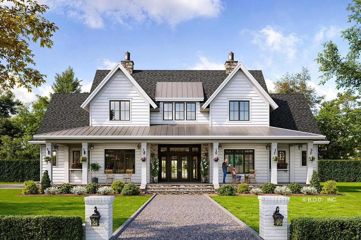 Modern Farmhouse house plan exterior with wrap-around porch, symmetrical gables, and stone accents.