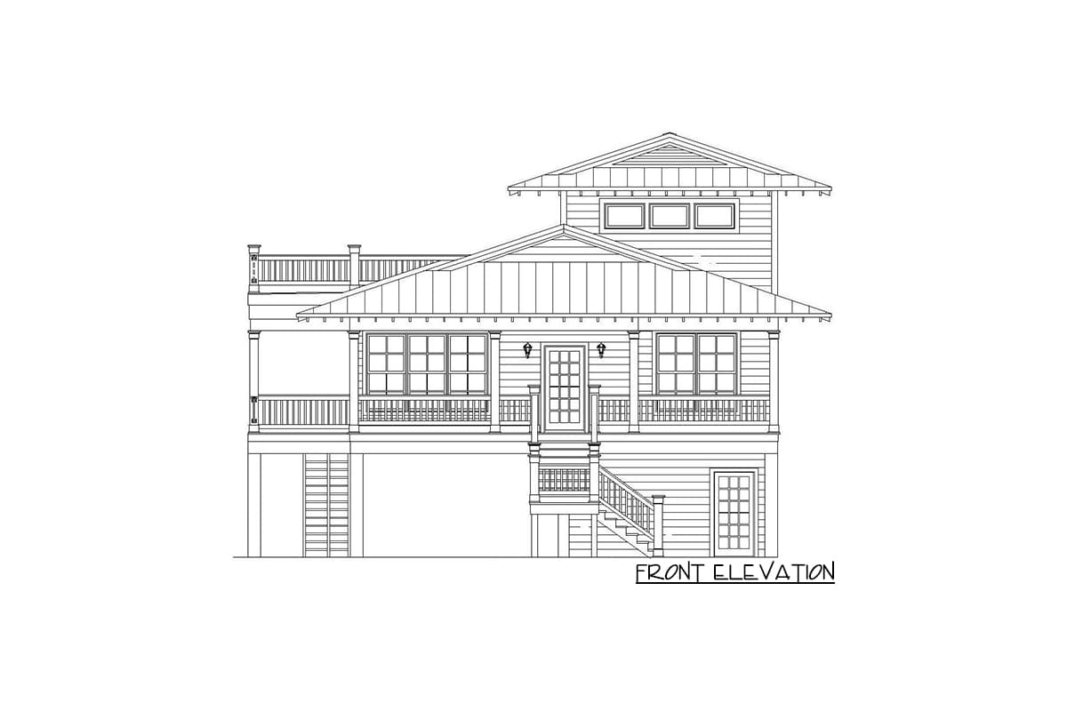Front elevation of a house plan featuring multiple gables, a wraparound porch, and a raised foundation.