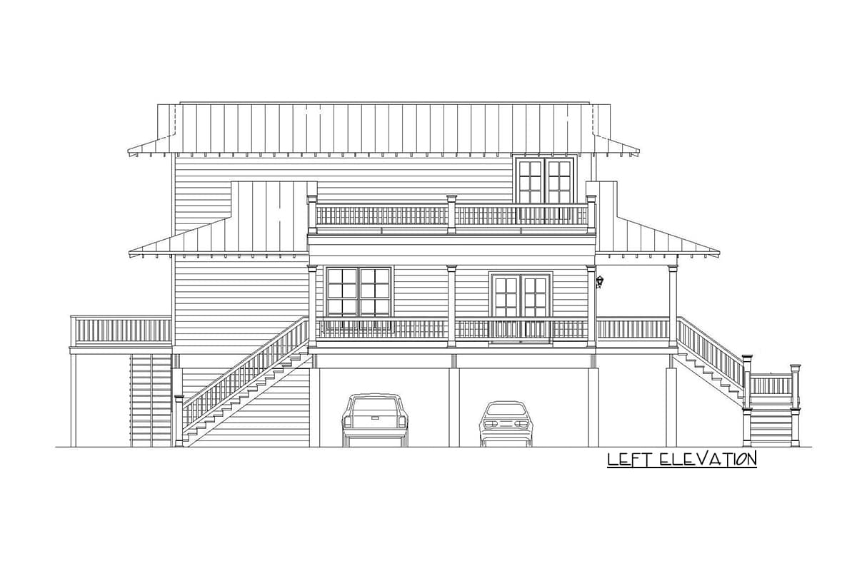 Left elevation of a two-story house plan with a metal roof, multiple porches, and a drive-under garage.