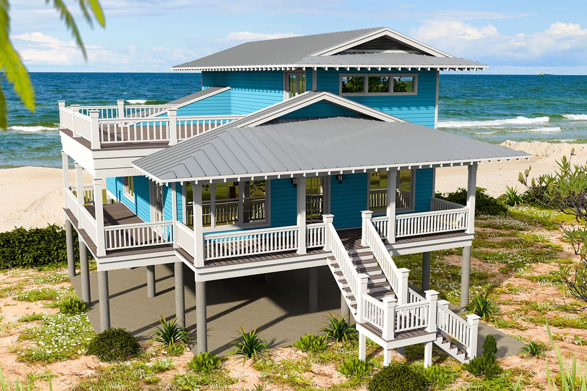 House plan exterior. Two-story beach house with a metal roof, front porch, and elevated deck. Features a raised foundation and multiple gables.