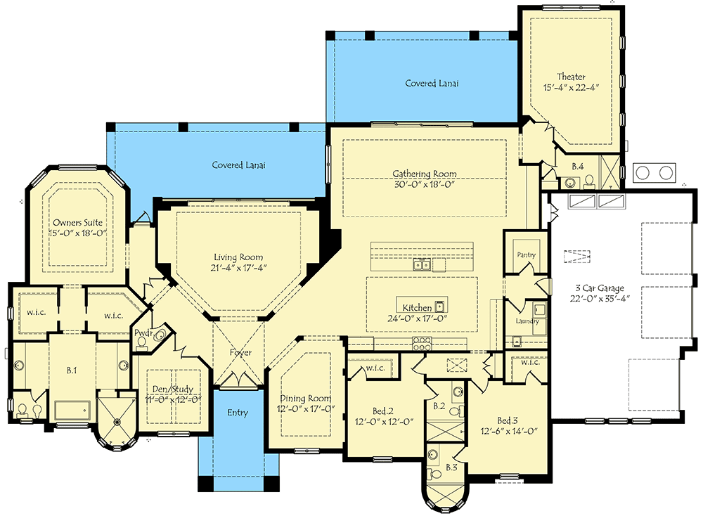 Plan 42844MJ: Sophisticated Mediterranean House Plan with Split Beds - Floor Plan - Main Level - European, Florida-Style, Mediterranean
