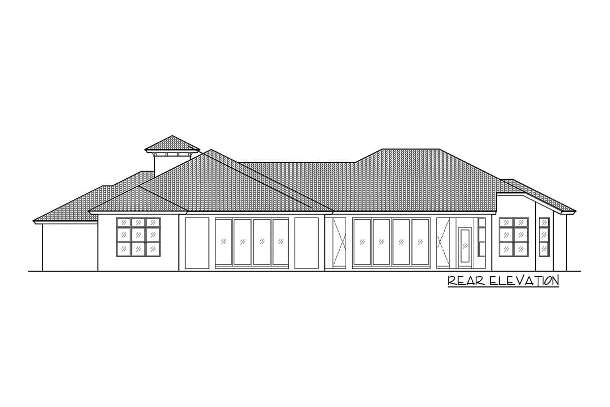 Rear elevation of a single-story house plan featuring a prominent hipped roof, multiple large windows, and a covered patio area.