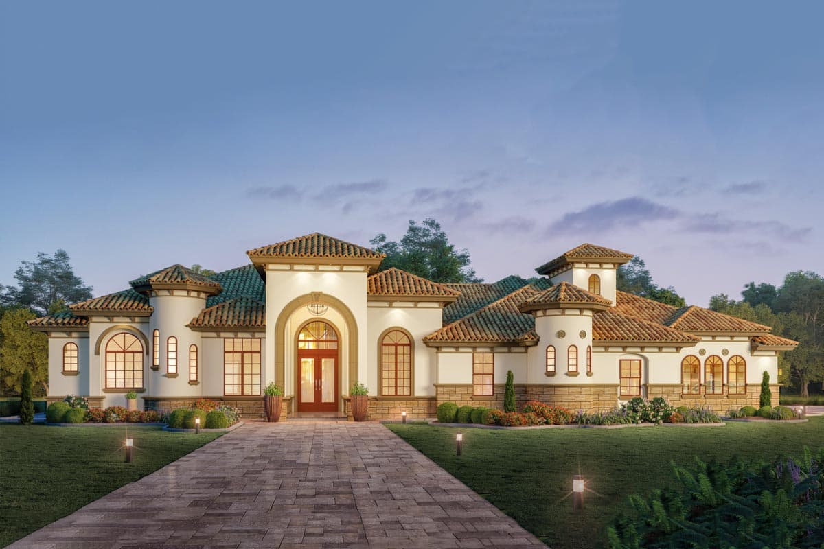 House plan exterior. A single-story Mediterranean-style home with barrel tile roof, turret, arched entry, and stone accents.