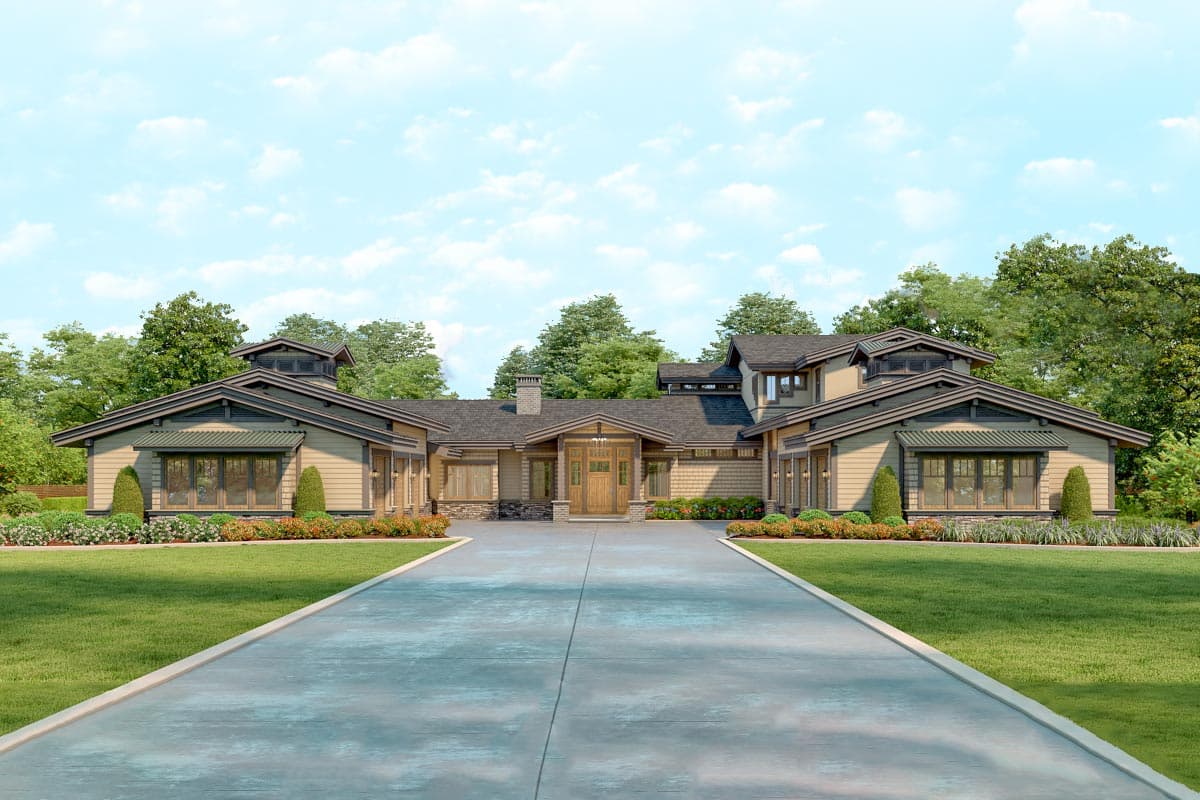 House plan exterior. Craftsman style, single story. Features include multiple rooflines, shed dormers, and a covered porch with stone columns.