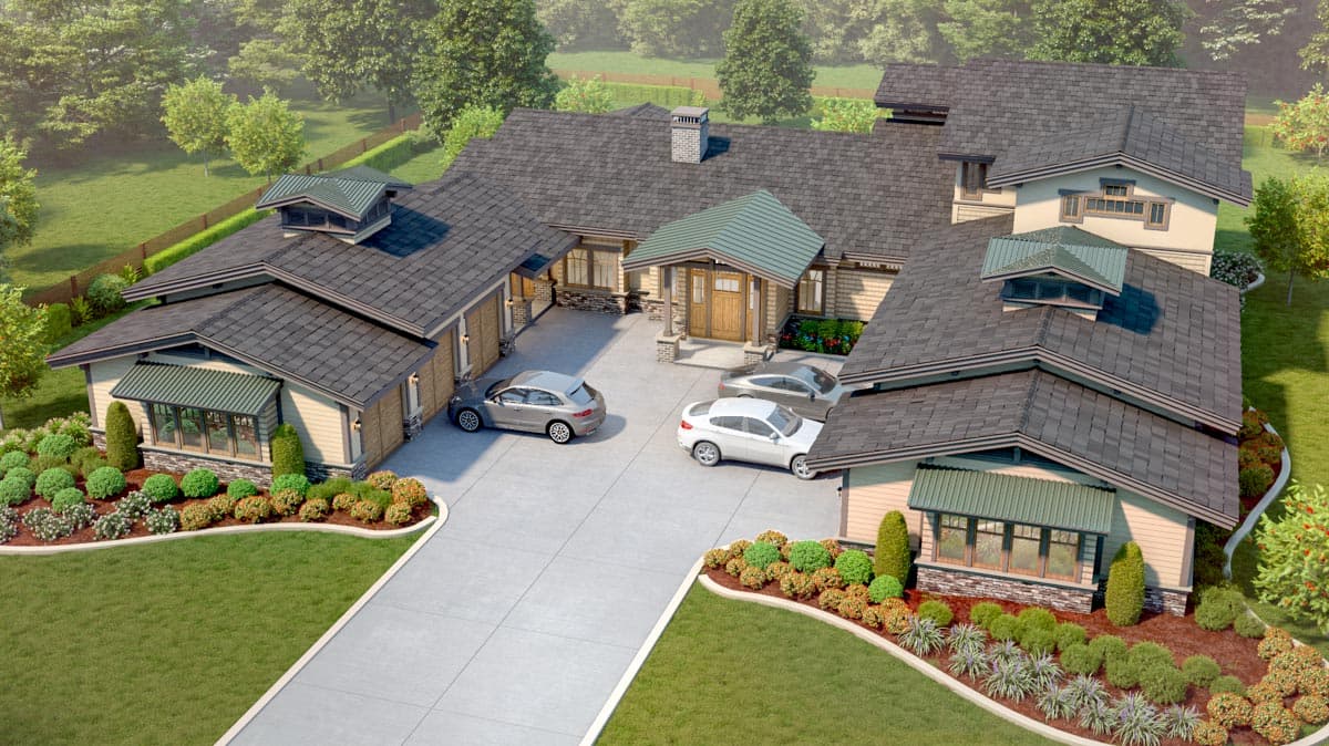 House plan exterior: Ranch style, multiple gables, dormers, covered entry, and attached garages.