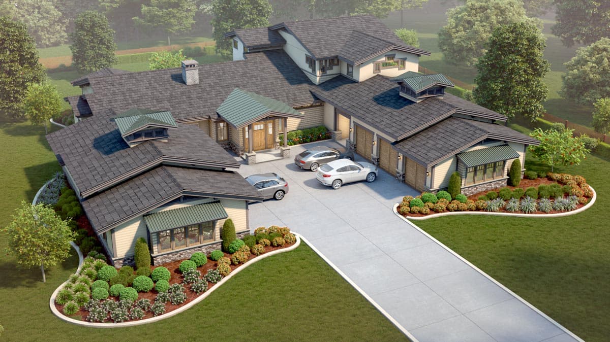House plan exterior: Modern home with multi-level gables, dormers, covered entry, and attached three-car garage.