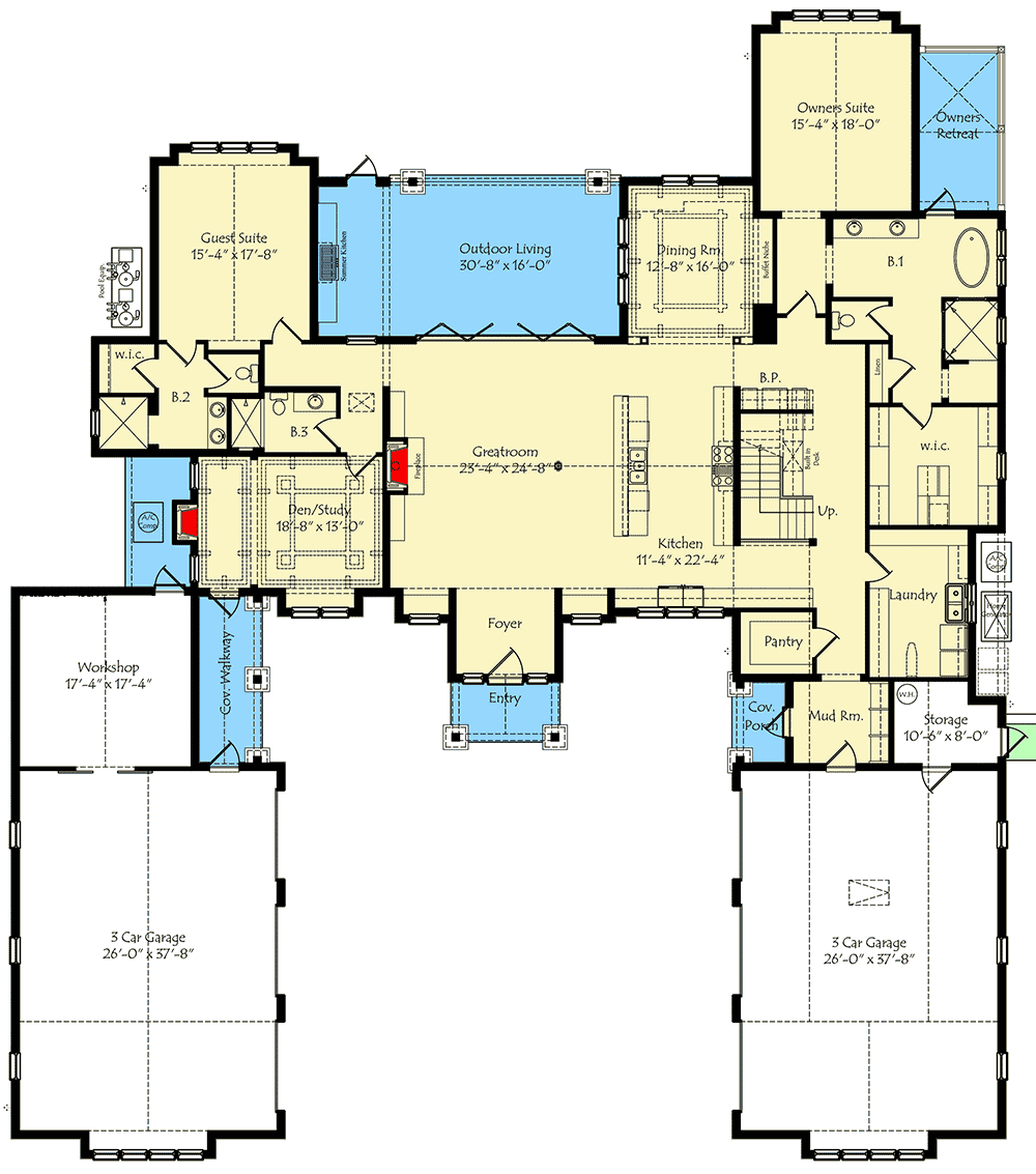 Plan 42845MJ: Luxurious Two-Story Craftsman Home Plan for the Car Aficionado - Floor Plan - Main Level - Craftsman, Northwest, Prairie