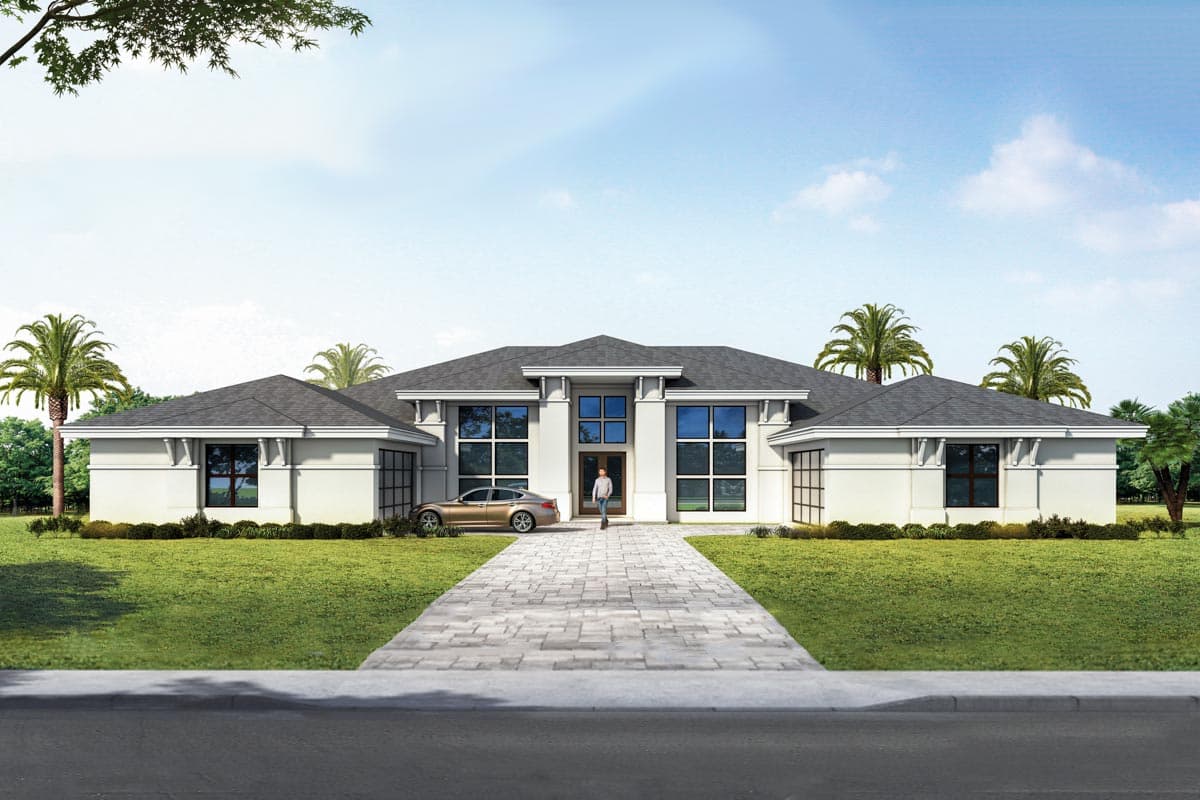 House plan exterior with symmetrical facade. Features include a flat roof, large windows, and a portico with a recessed entry.