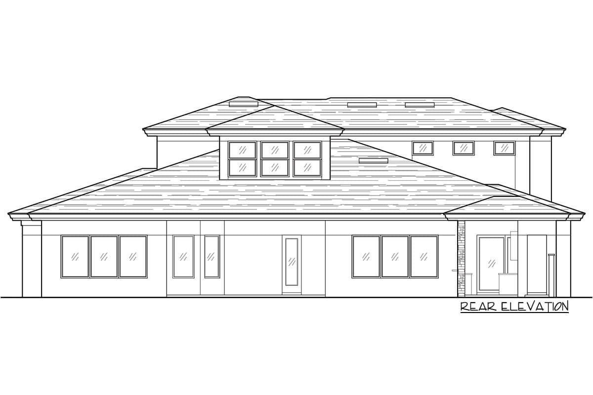 Rear elevation house plan with multiple rooflines, dormer windows, and a covered patio area.