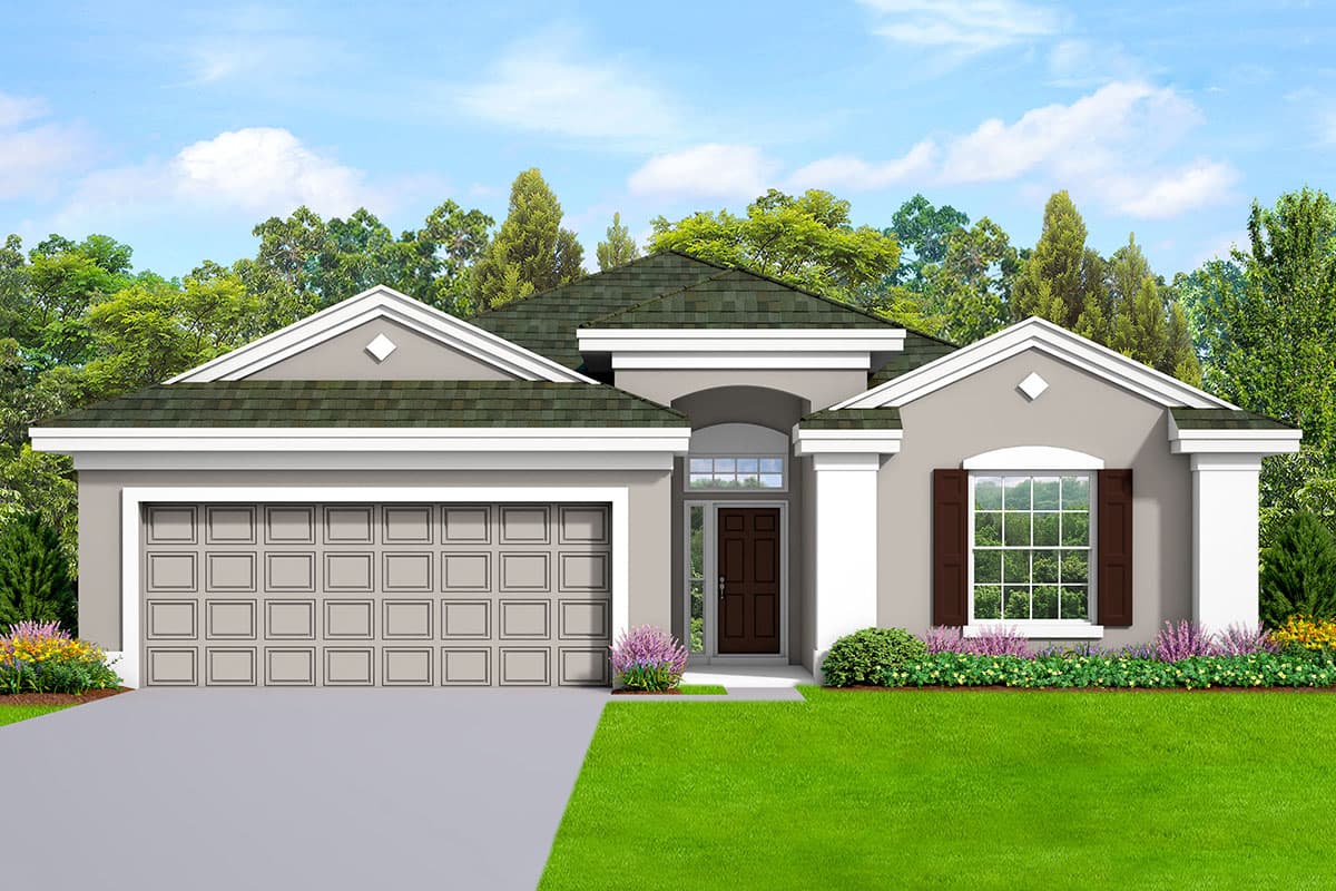 House plan exterior featuring a one-story, stucco facade with a gabled roof, a two-car garage, and a covered entry porch.