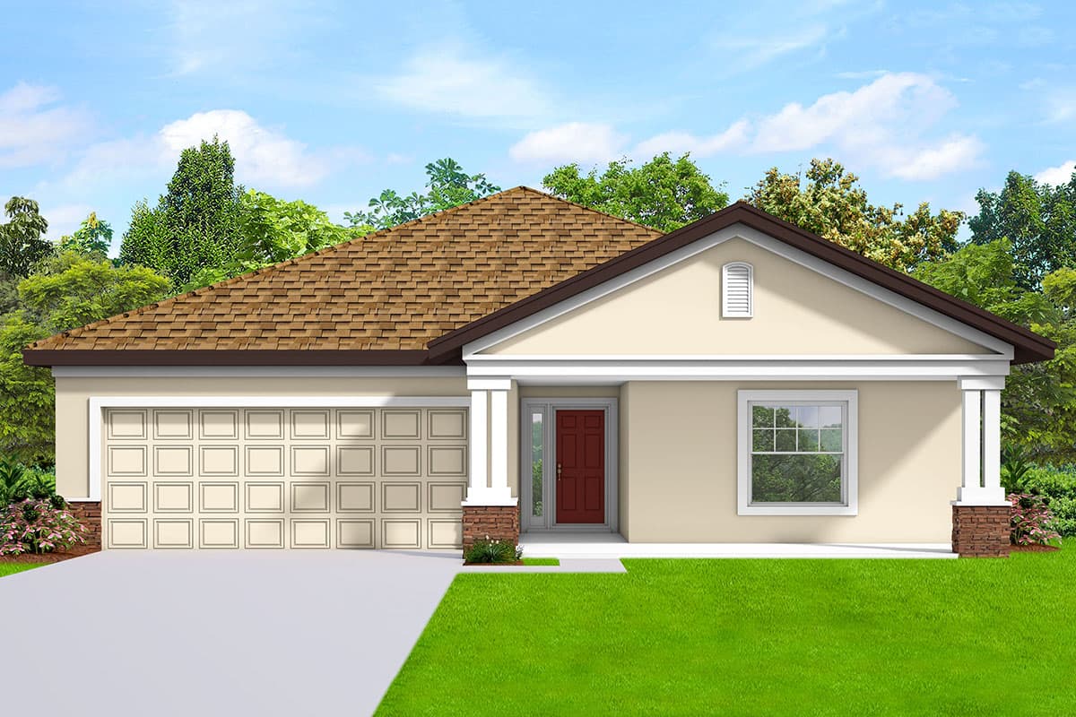 House plan exterior. Ranch style with a single story, gable roof, covered entry porch, and attached garage with paneled door.
