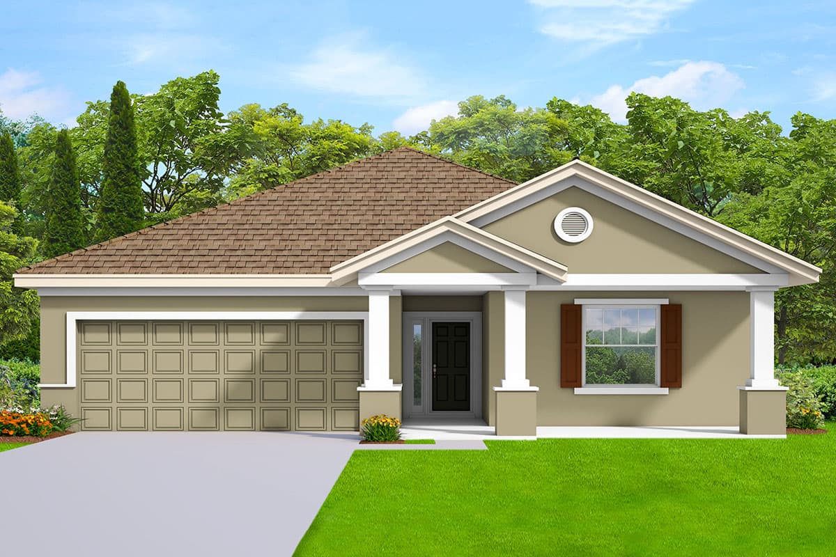 House plan exterior. Ranch style with a low-pitched roof, porch with columns, and attached garage. Includes a decorative vent.