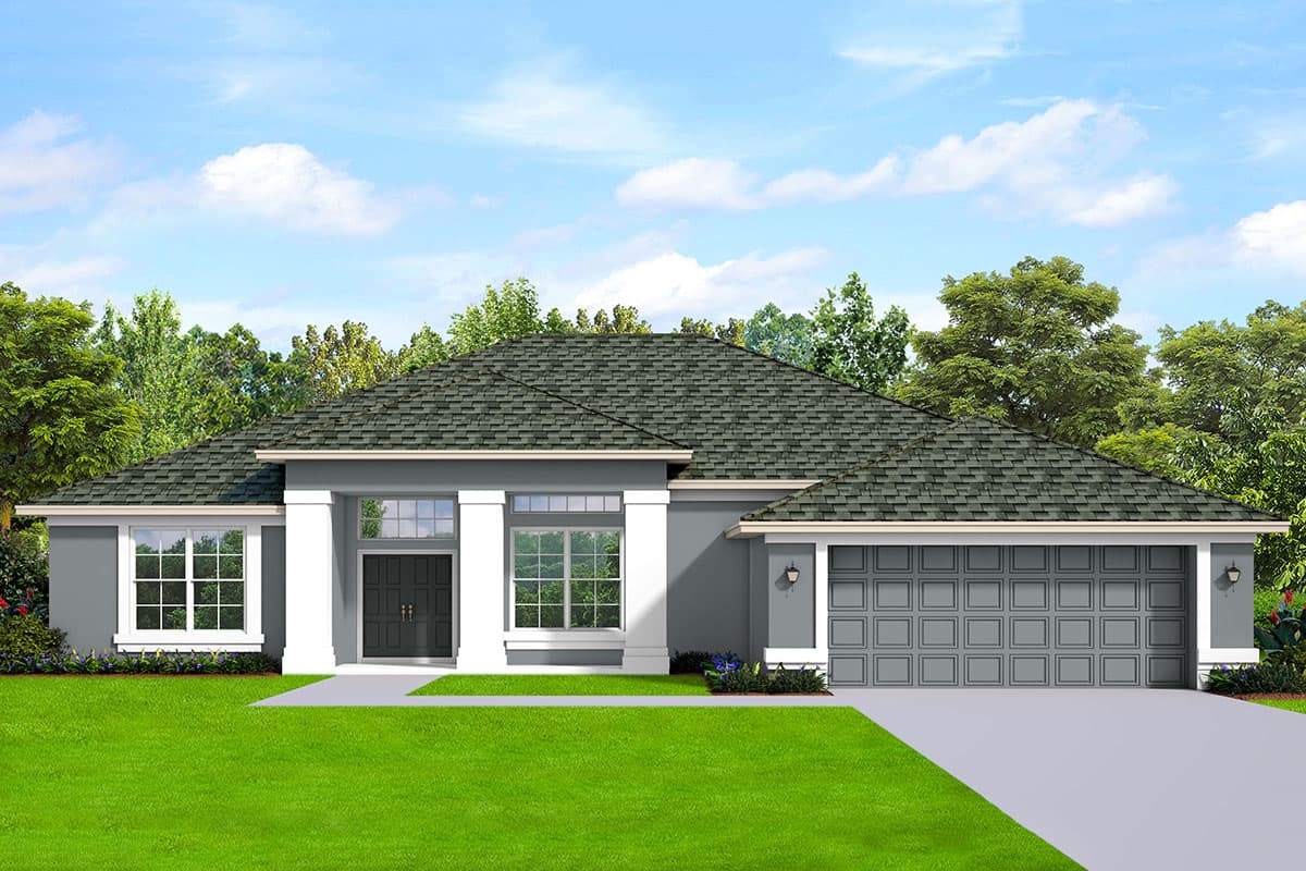 House plan exterior featuring a one-story, Ranch style home. Includes a hip roof, two-car garage, and a covered entry with columns.