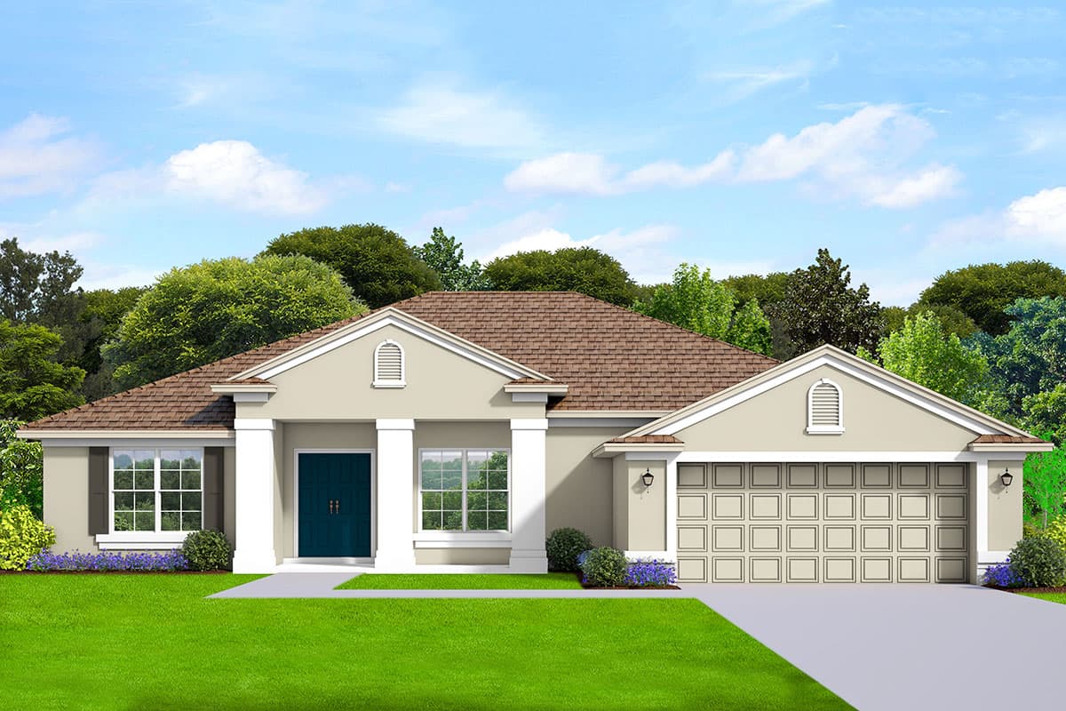 House plan exterior. Single-story Ranch-style home with gabled roof, front-facing garage, and columned entry porch.