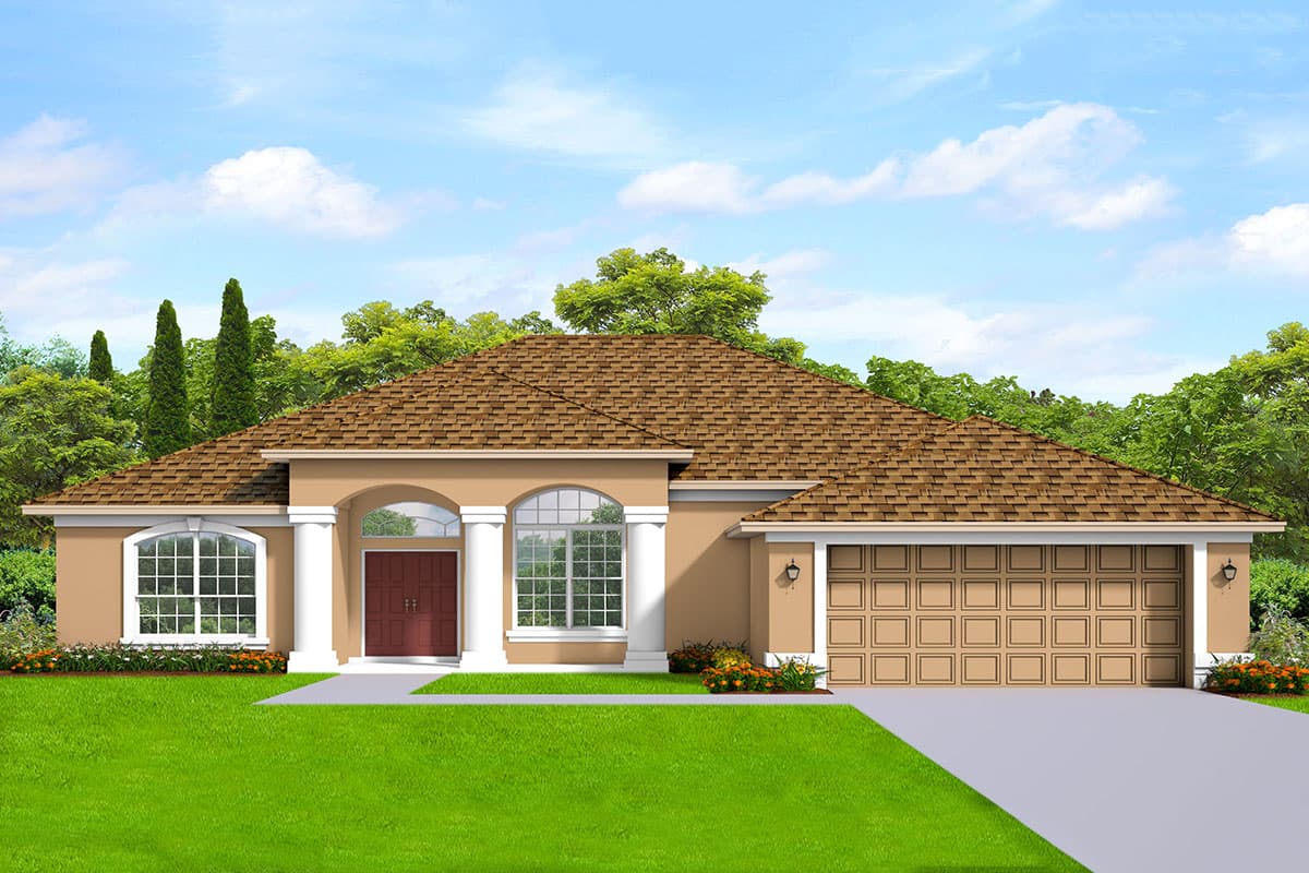 House plan exterior. Ranch style with a low-pitched roof, arched entryway with columns, and attached two-car garage.