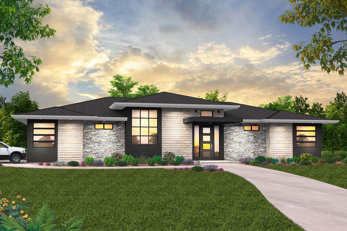 House plan exterior. Modern, one-story home with a flat roof, large windows, stone facade, and a covered entry.