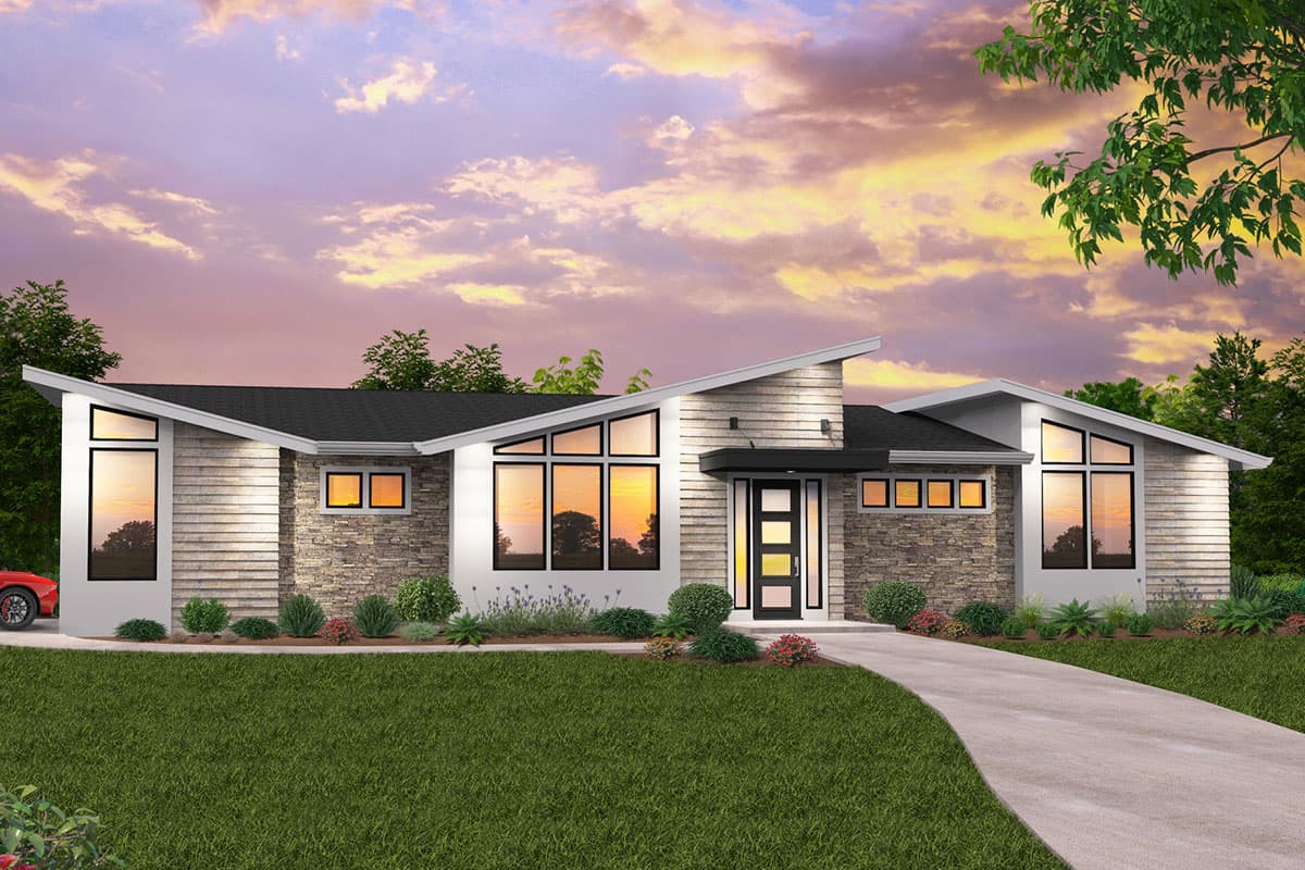 House plan exterior. Modern style, single-story home with large windows, angled rooflines, and mixed siding materials. Includes a covered entryway.