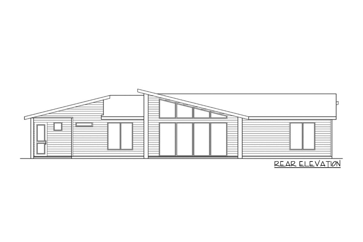 Rear elevation drawing of a one-story house with a sloped roofline, large windows, and horizontal siding.