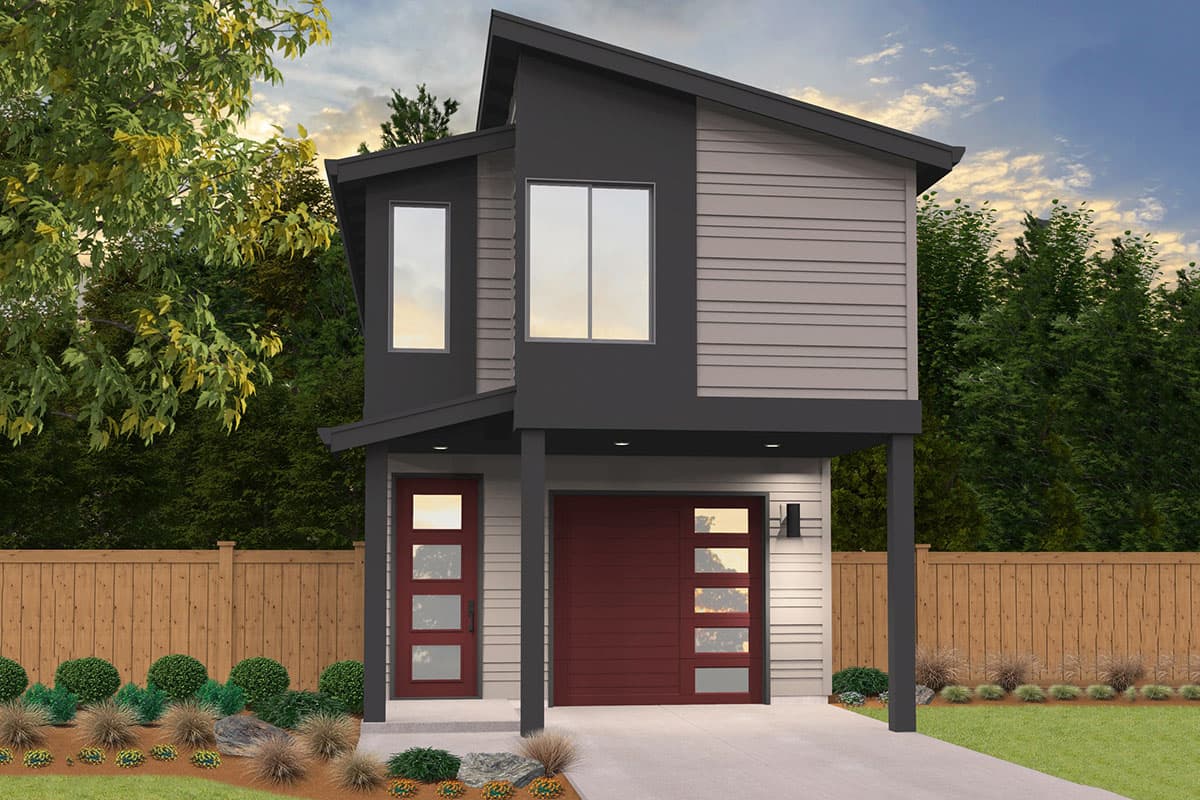House plan exterior. Two-story modern house with a shed roof, board-and-batten siding, and a single-car garage with a burgundy door.