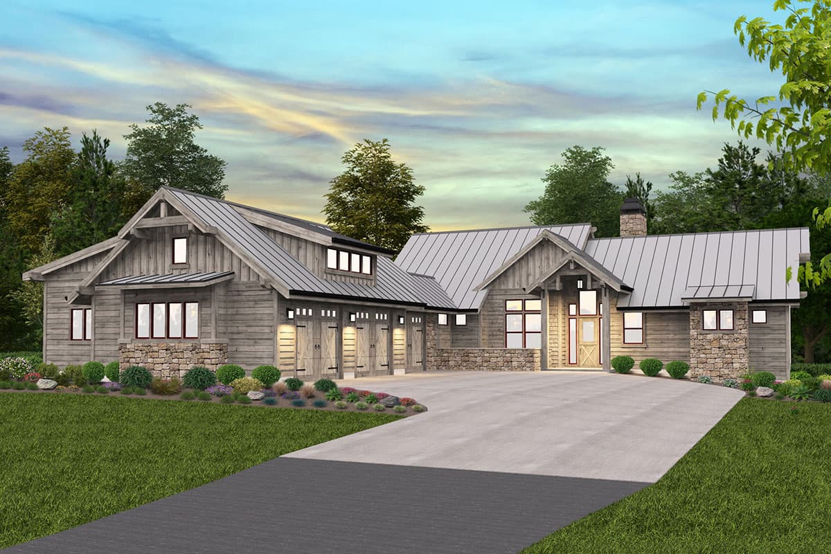 House plan exterior with board and batten siding, metal roof, stone accents, and a three-car garage.