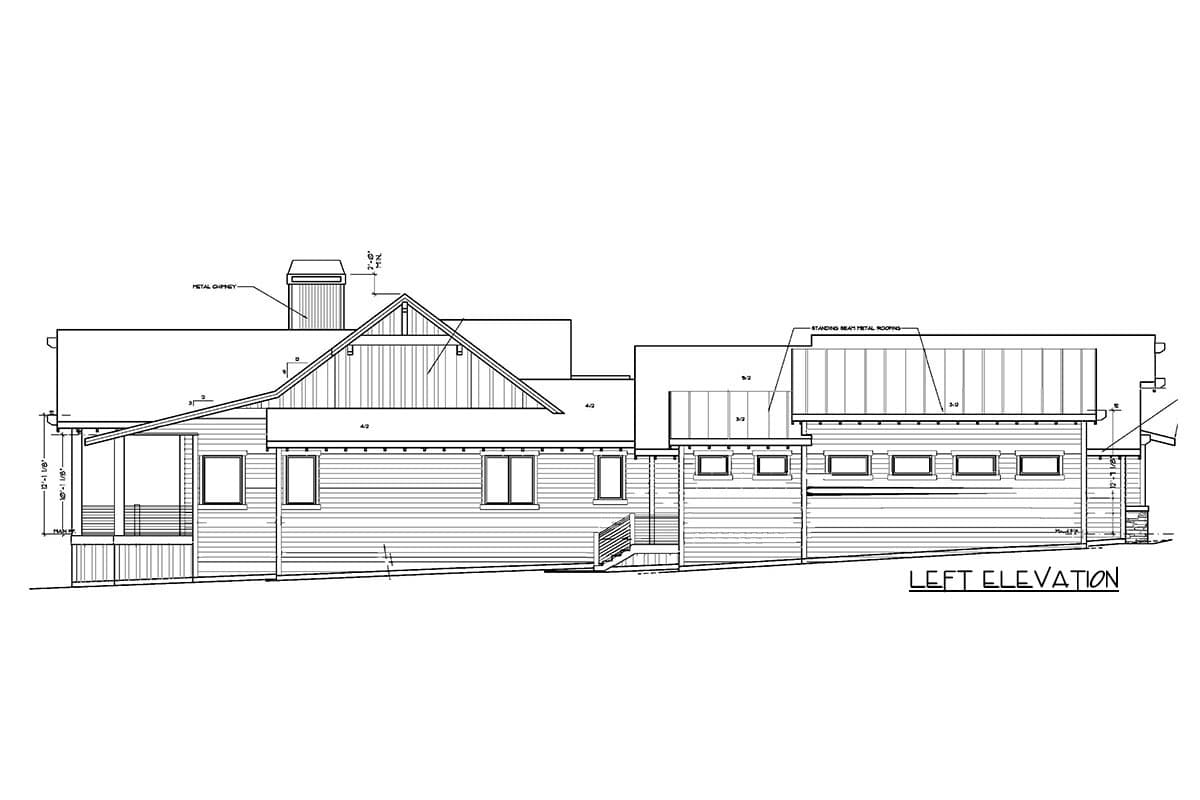 Left elevation house plan showing a multi-story structure with a covered porch, gabled roof, and standing seam metal roofing.