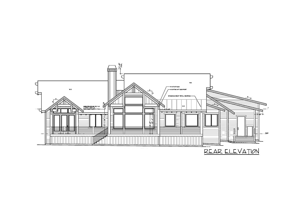 Rear elevation house plan drawing showing a multi-story home with gabled rooflines, large windows, a chimney, and a covered entry.