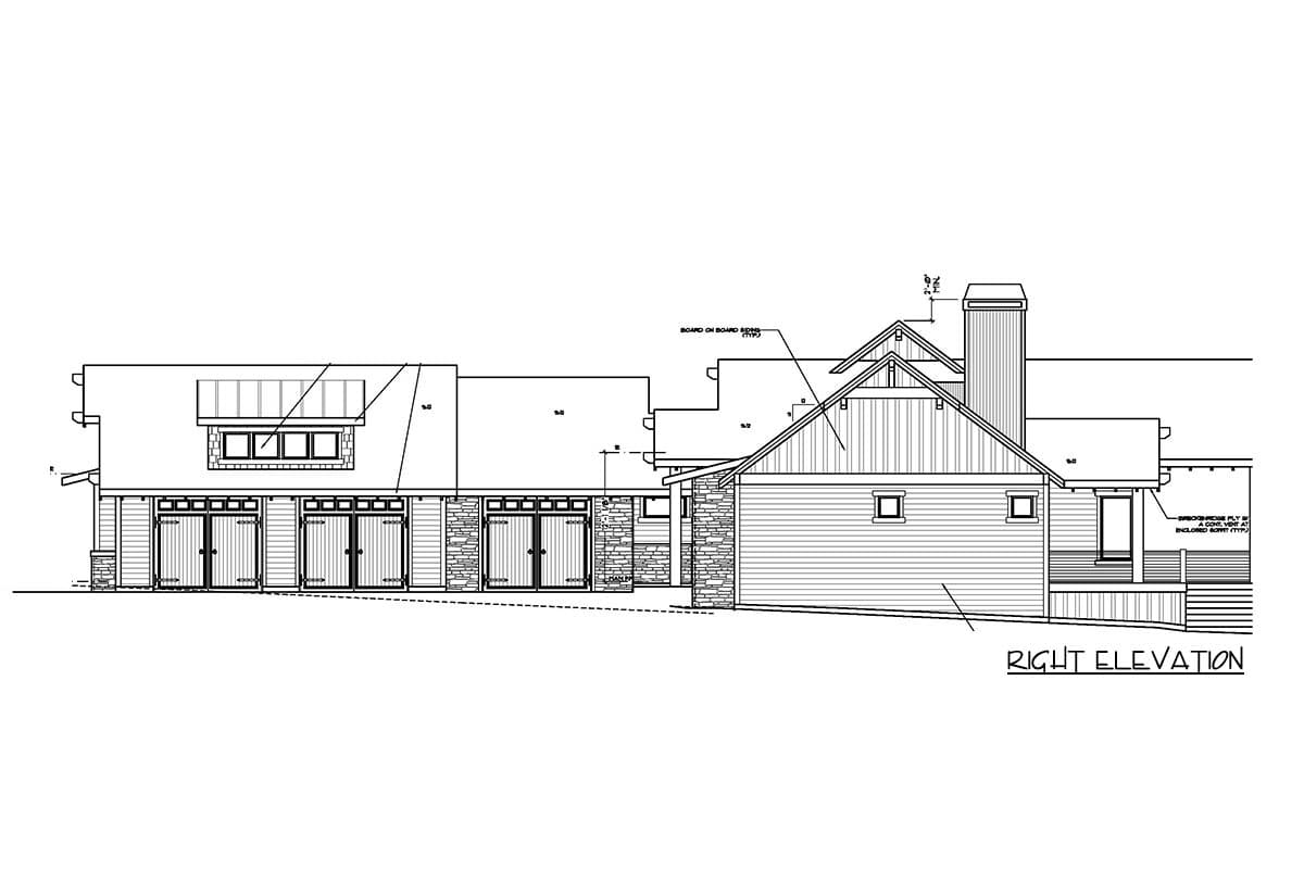 Right elevation drawing showing a house with a multi-car garage, stone accents, board-on-board siding, and a prominent gable with a chimney.