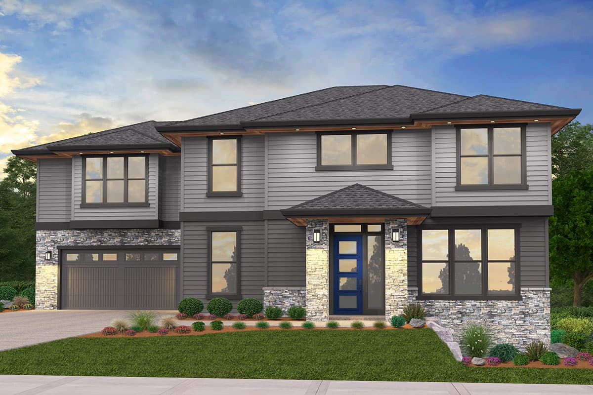 House plan exterior. Two-story modern style home with shed roof, stone accents, and a front-facing garage. Features a covered entry.