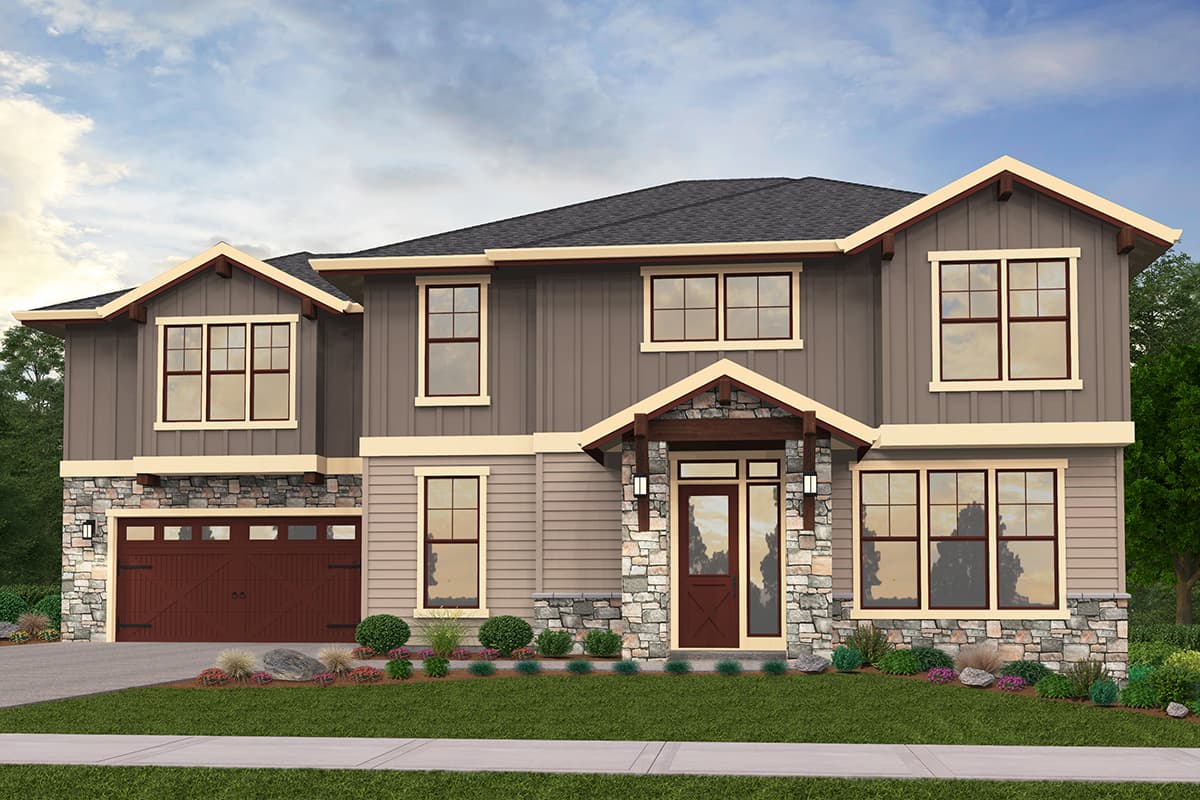 House plan exterior with Craftsman style, two stories, gabled rooflines, stone accents, and an attached garage.