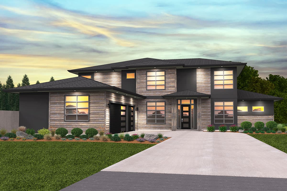Modern house plan exterior. Two-story with shed roof. Features include a side-entry garage, large windows, and contrasting siding and trim.