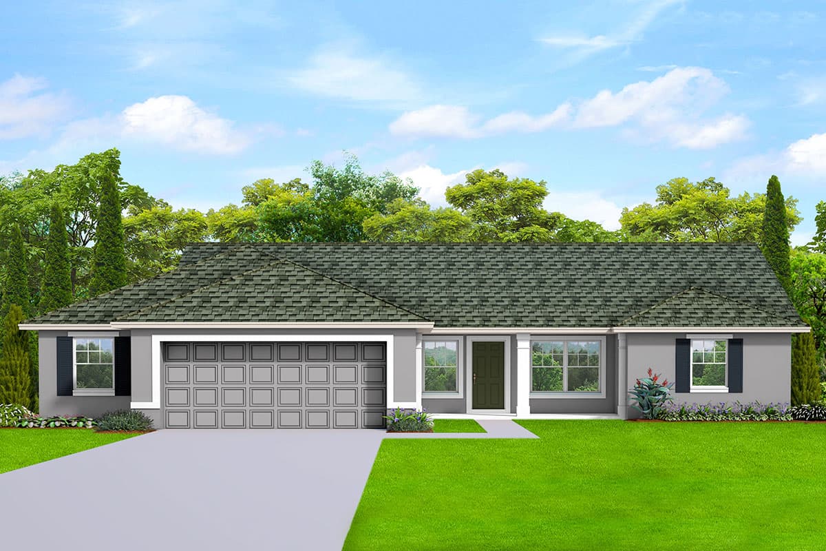 House plan exterior. Single-story ranch-style home with attached garage, shingle roof, and symmetrical window placement.