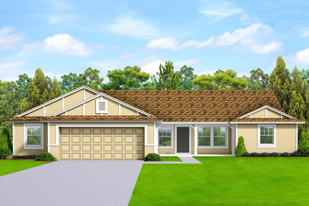 House plan exterior. Ranch-style home with a single story, gable roof, and attached garage. Includes a covered front porch and multiple windows.