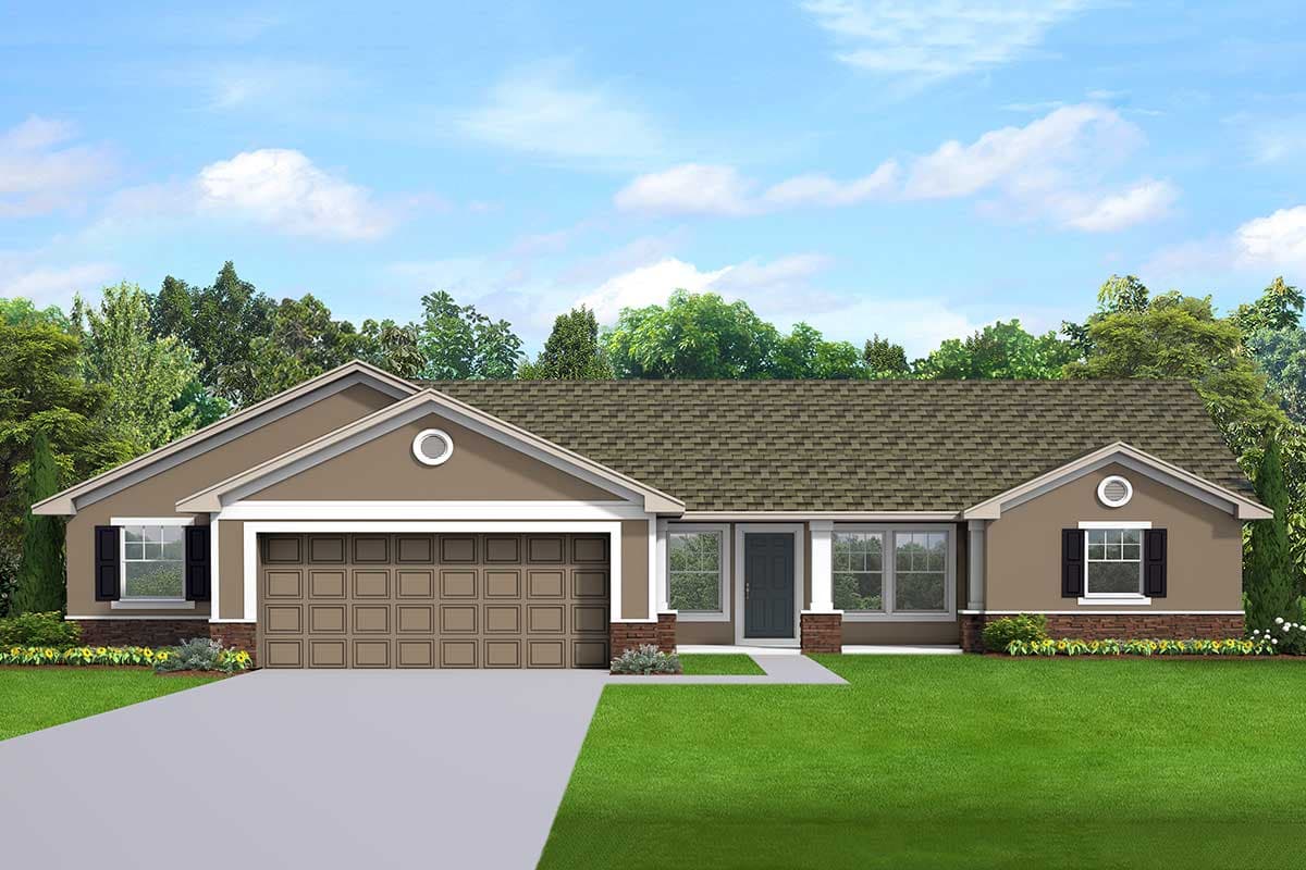 House plan exterior. Ranch style with a single story, front-facing garage, gables, and decorative trim around windows and door.