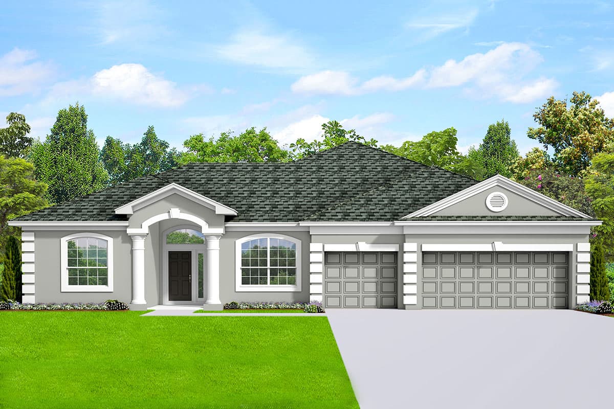House plan exterior with arched entry, two-car garage, and gable roof. Features a single story design with multiple arched windows.