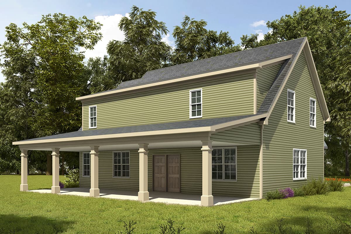 Two-story house plan exterior with a wraparound porch, gabled dormer, and horizontal siding.