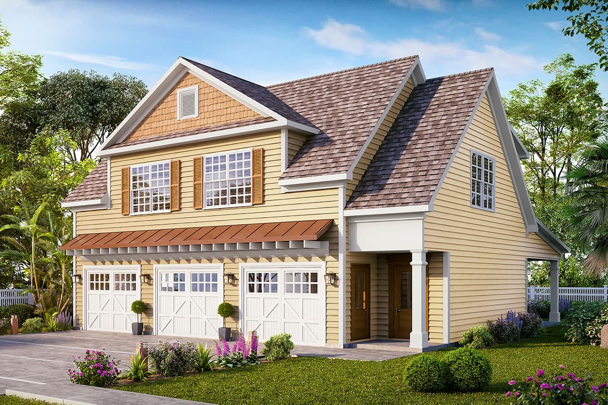 House plan exterior. Two-story home with Craftsman-style elements, gable roof, covered porch, and three-car garage.