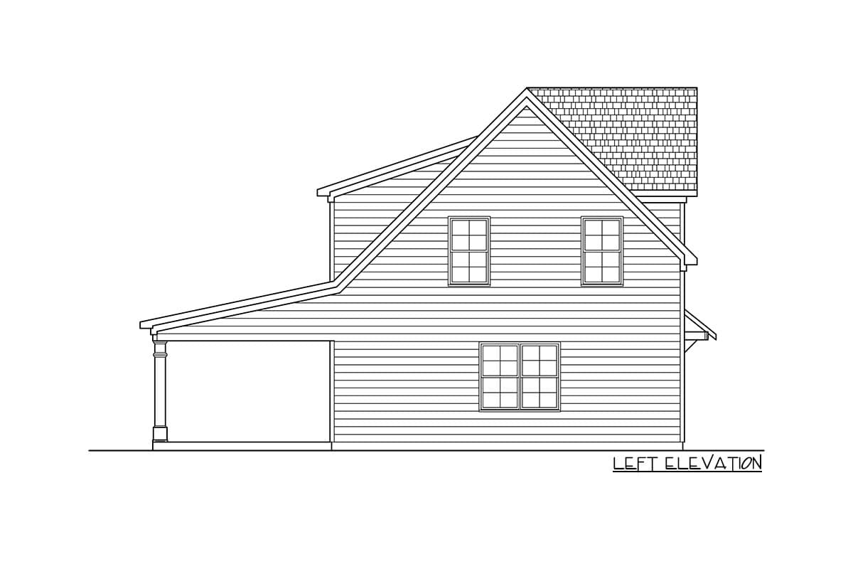 Left elevation drawing of a two-story house plan with horizontal siding, multiple windows, and a covered porch.