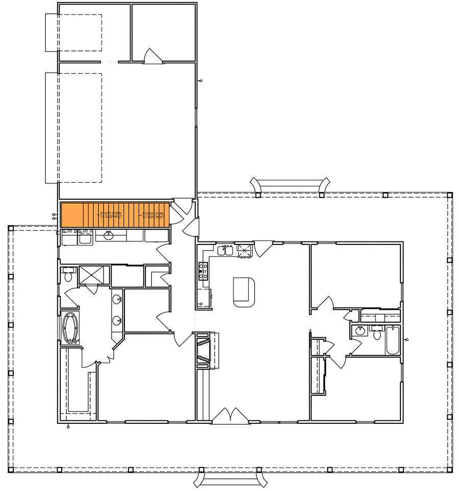 Plan 83918JW: Dreamy Country House Plan with Wrap-Around Porch - 1768 Sq Ft - Floor Plan - Basement Stairs - Cottage, Country, Southern
